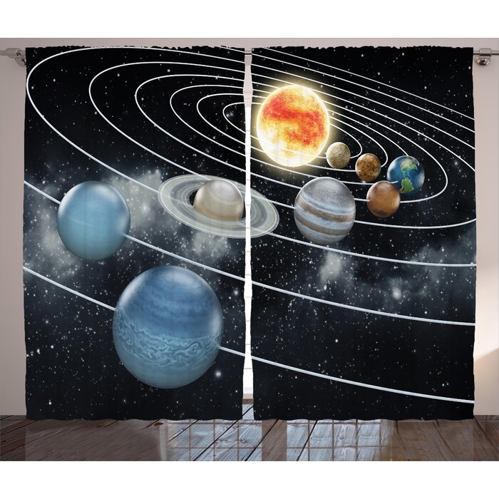 Lillie Galaxy Solar System All Eight Planets And The Sun Pluto Jupiter Mars Venus Science Fiction Graphic Print Text Semi Sheer Rod Pocket Curtain
