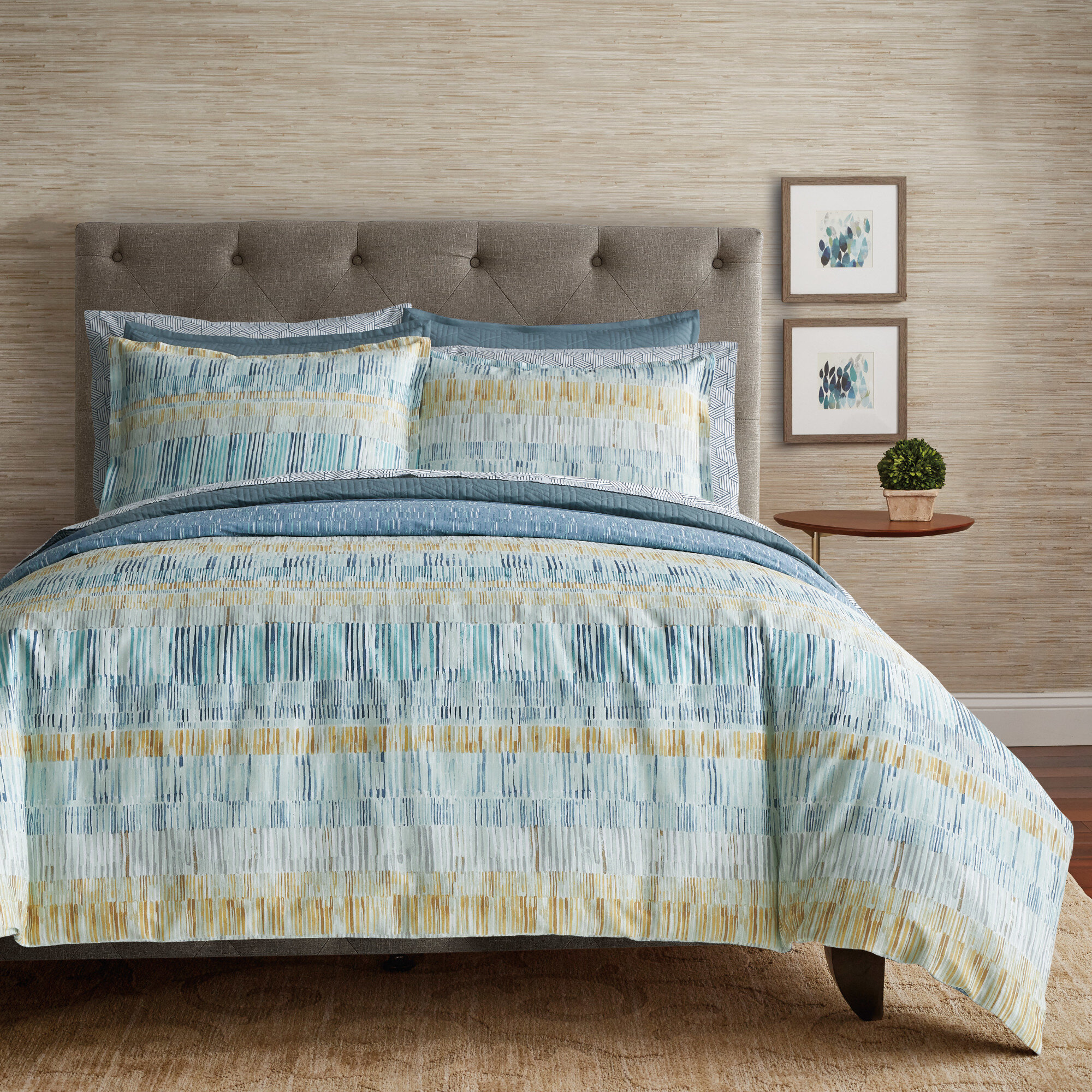 ochre and blue bedding