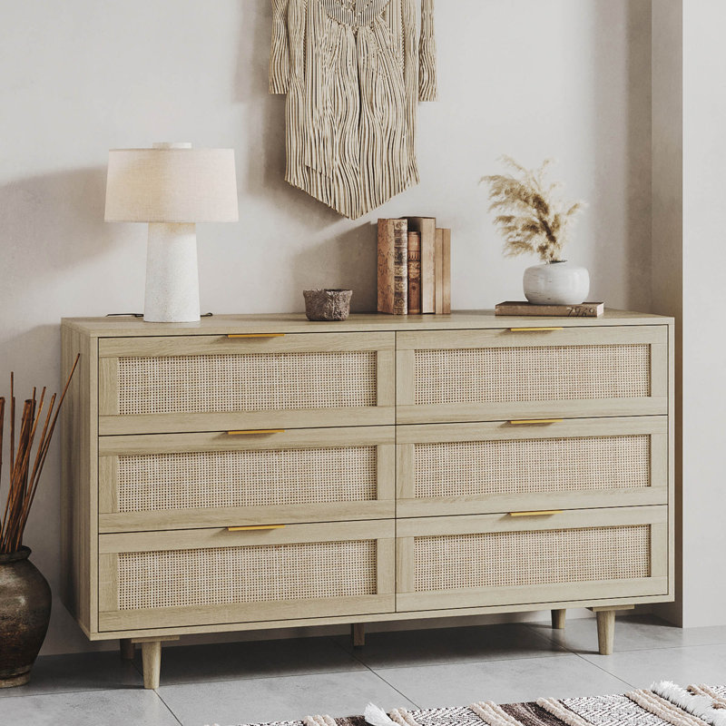 (similar, incomplete))Aimara 51" Rattan 6 Drawer Dresser for Bedroom, Boho Wood Dresser with Gold Handles & Wood Legs Color: Beige