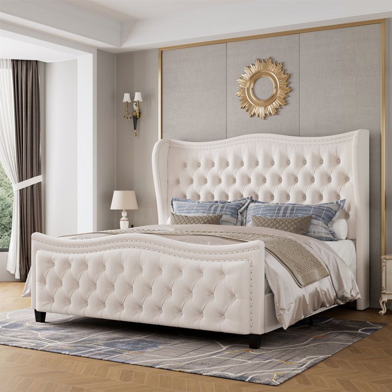 Metter Upholstered Wingback Bed Size: King, Color: Cream