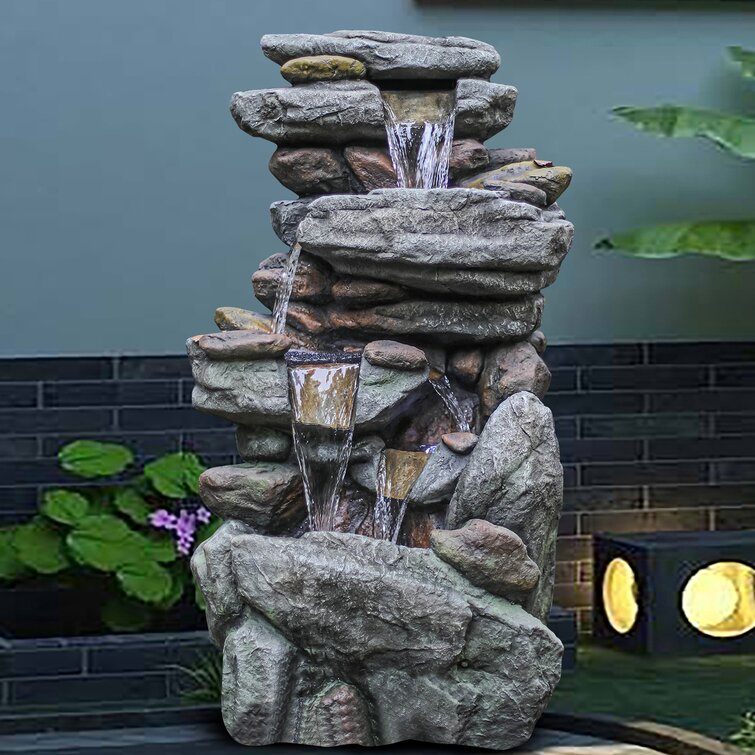 5-Tier Floor Rack Water Fall Fountain with LED Light for Patio Yard Garden Lawn