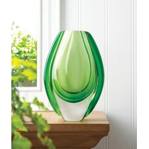 16.5” White Art Glass Vase w/ Pastel Blue Waves Rounded Shape Minimalist Style 