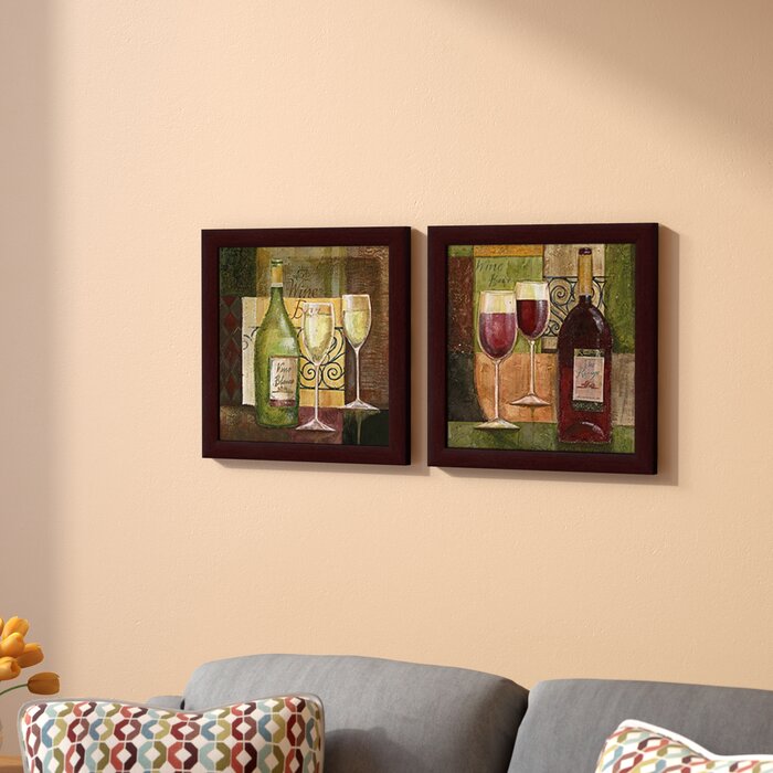 Red Wine Bar 2 Piece Framed Acrylic Painting Print Set Under Glass