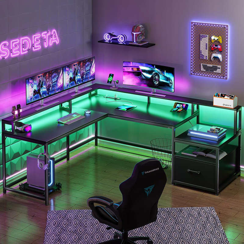 Molineux L-Shape Desk with Built in Outlets Color: Black
