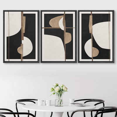 Mid-Century Modern Abstract Shapes Collage Black Neutral Wall Art Framed On Canvas 3 Pieces Print (size 36”x24” each one)
