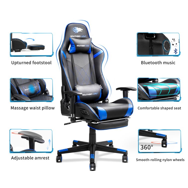 SOUTHERN WOLF Game Chair,Ergonomically Designed Massage Game Chair,Adjustable and Rotating Office Chair,Large Game Chair with Head and Lumbar Support Black and Blue