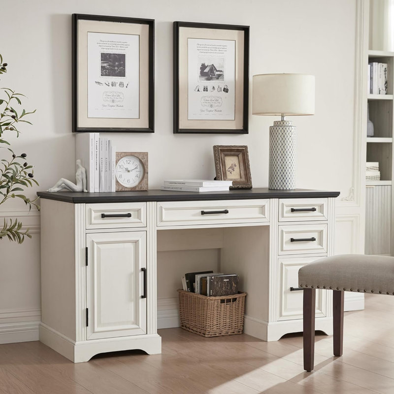 Incomplete Ohana 58'' W Rectangle Computer Desk with Storage Cabinet and Drawers, Workstation for Office Home Color (Top/Frame): Black/White