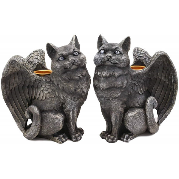 The Holiday Aisle 2 Piece Krupa Gothic Angel Winged Catgoyle Cat Gargoyle Candle Holder Figurine Set Wayfair