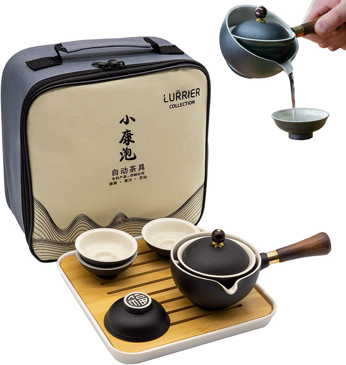 Ceramic Chinese Gongfu Tea Side Handle Teapot & Teacups Mini Travel Set 3 Pcs 