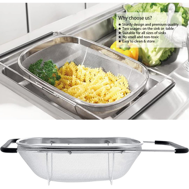 Over The Sink Stainless Steel Oval Fine Mesh Colander Strainer Expandable Handle 