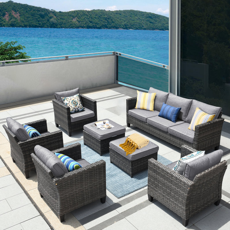 Allcot 7 - Person Wicker Rattan Patio Furniture Set with Throw Pillows, Outdoor Sofa Set with Couch, Chairs, Ottomans and Comfy Cushions Cushion Color: Dark Gray