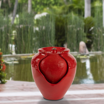 Pure Garden Polystone Glazed Pot Indoor/Outdoor Fountain with Light Finish: Red