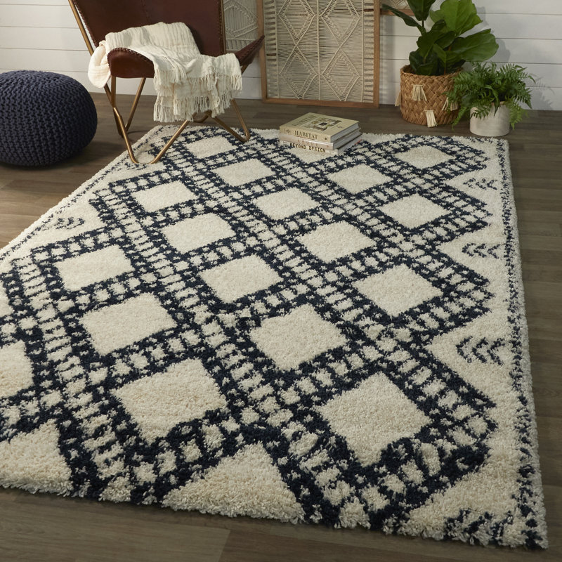 Wrought Studio Stephengould Moroccan Shag Blue Off White Area Rug Wayfair