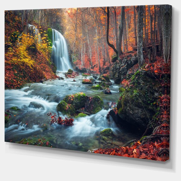 Waterfall landscape painting Mysterious forest watercolor original Rock scenery wall art Nature artwork Home office decor Anniversary gift