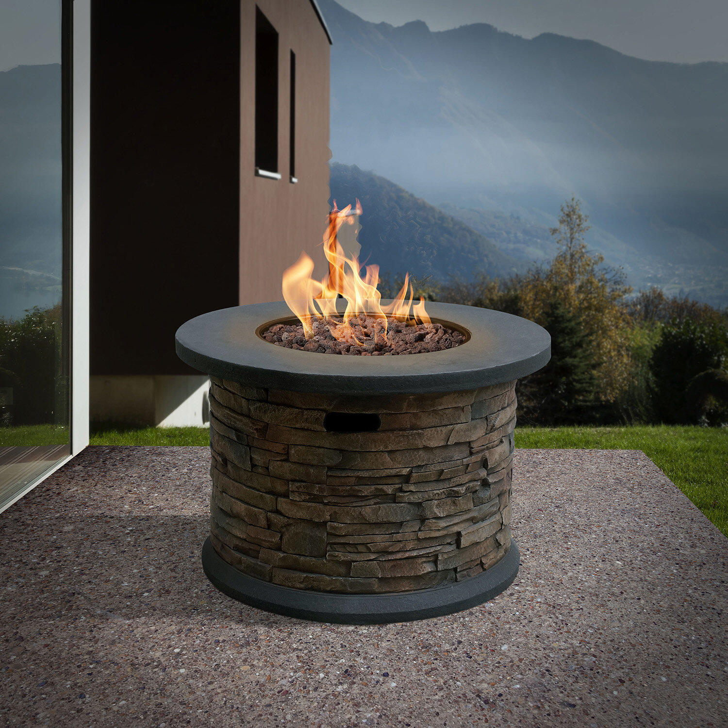 Bond Summit Stone Round Column Gas Polyresin Propane Fire Pit