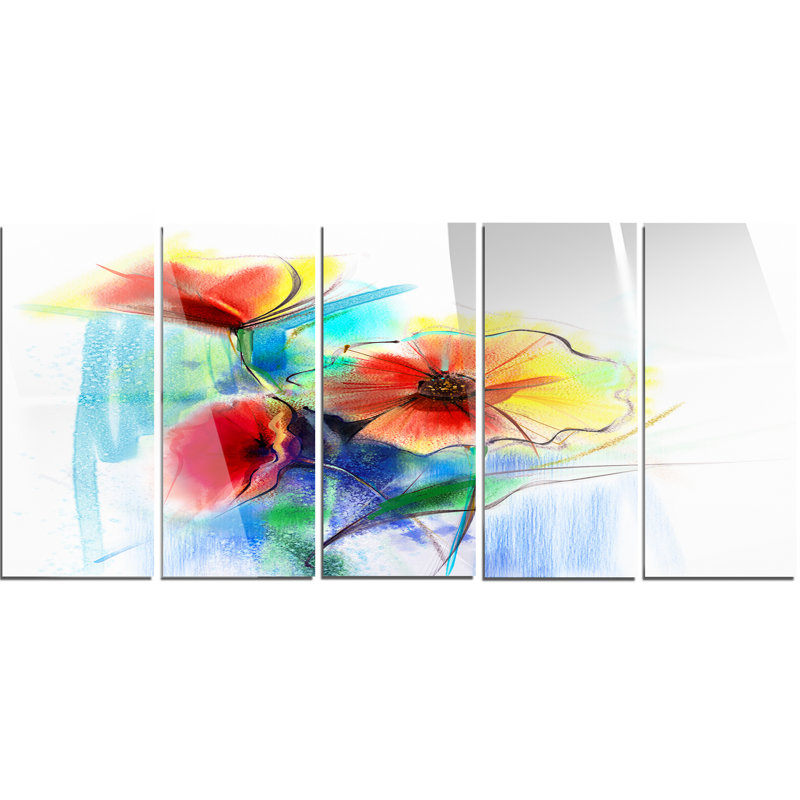 Designart Watercolor Multi Color Flower Illustration 5 Piece