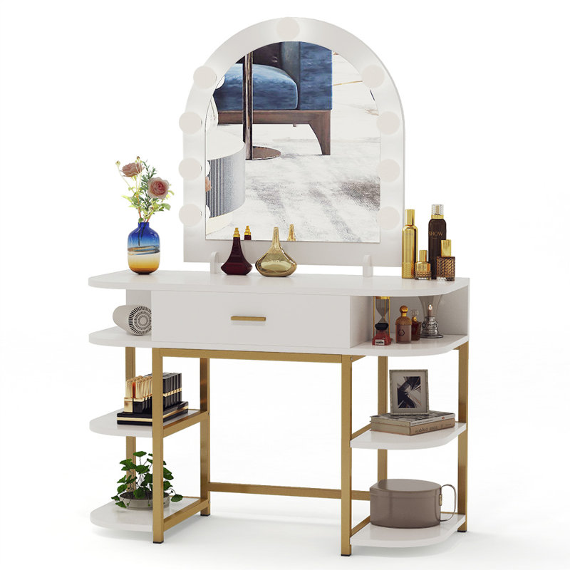 Everly Quinn Large Vanity Table With Lighted Mirror And ...