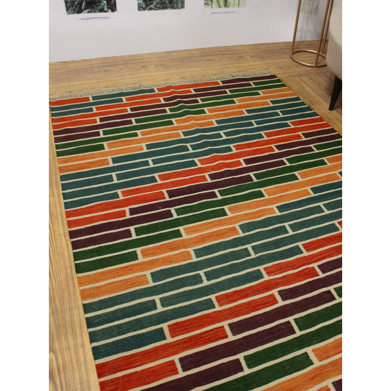 Foundry Select Hults Handmade Kilim Wool Orange Red Green Rug Wayfair
