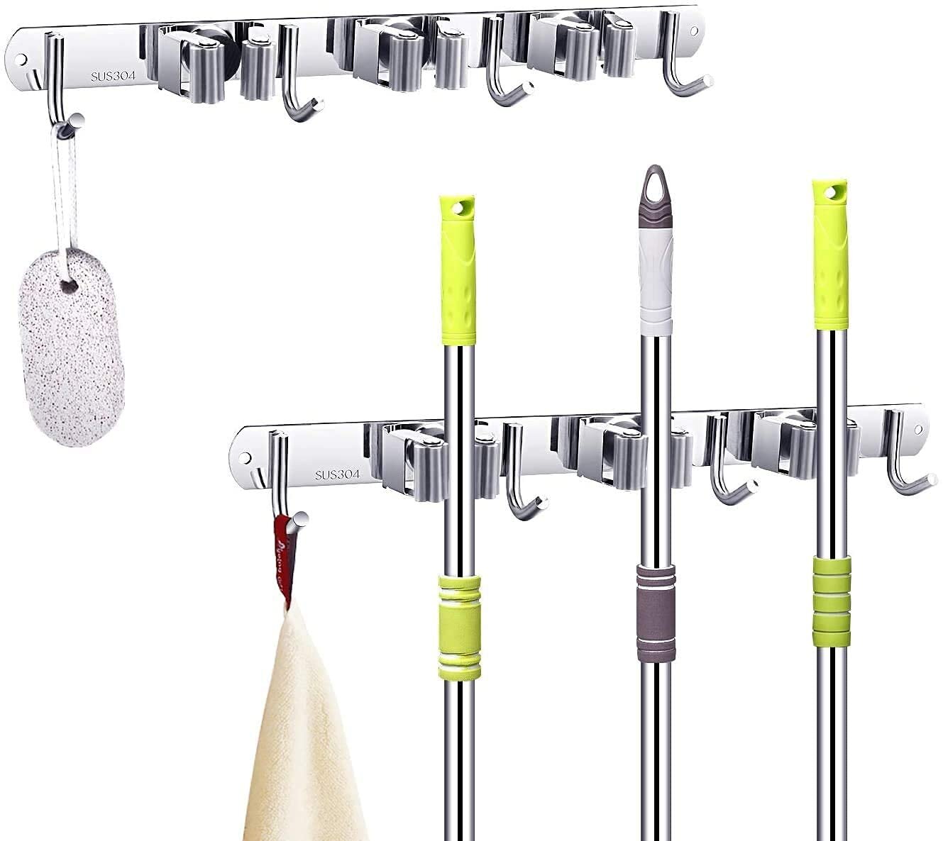 SUS304 Stainless Steel Mop Broom Holder Organizer Heavy Duty Broom Mop Handle Holder for Kitchen Garage 3 Positions Hooks Multifunctional S-Type Wall Mounted Cleaning Tools Organizer