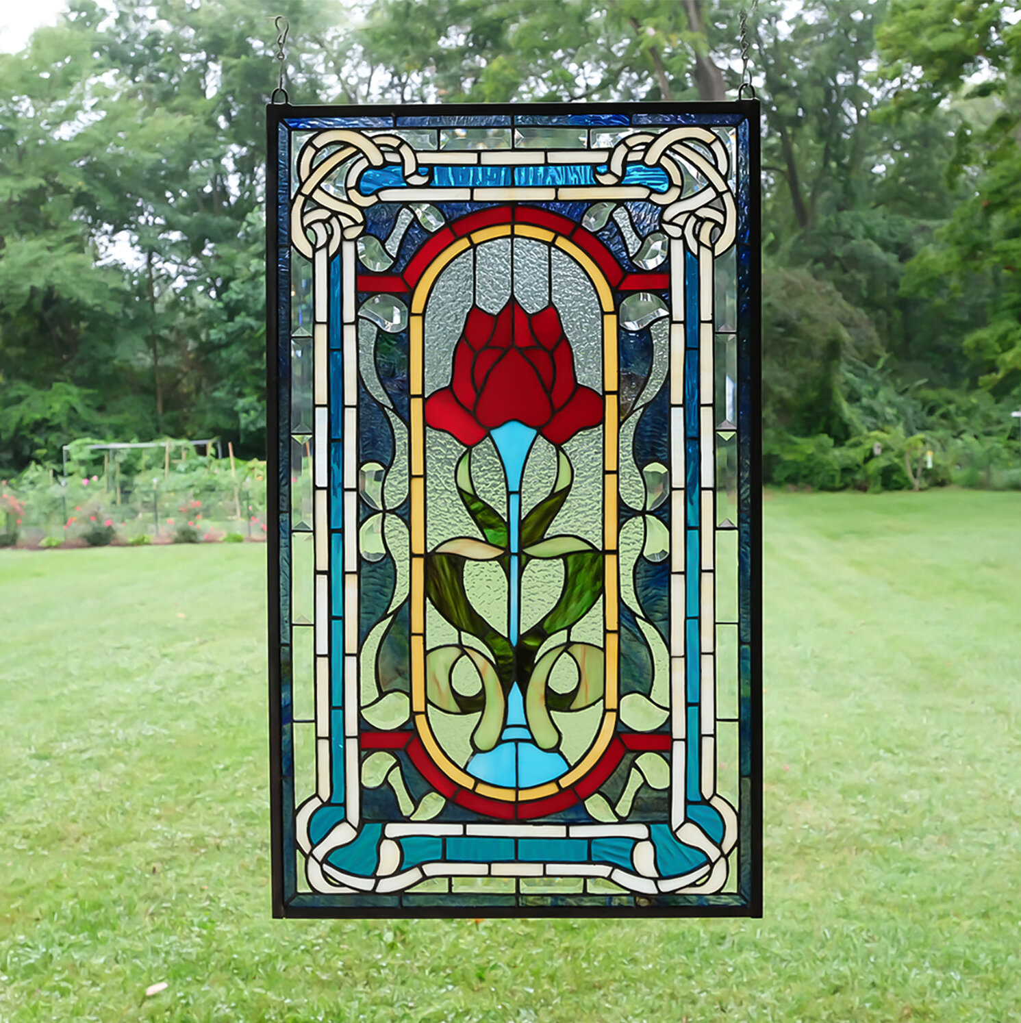 20.5" x 34.5" Stained glass window panel Lily Flower Beveled Clear Glass 