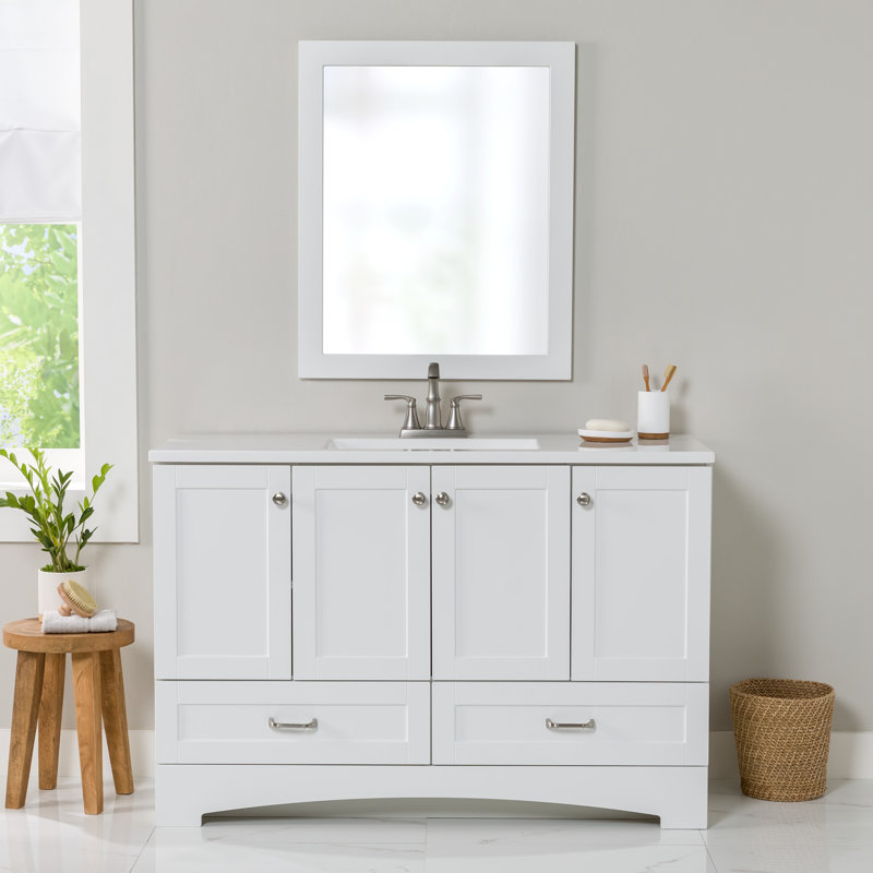 Emlyn 48" Single Bathroom Vanity with 3 Cabinets, 2 Drawers, and Cultured Marble Vanity Top Base Finish: White