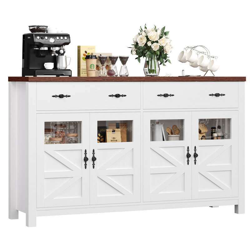 Almus 55'' Sideboard with 4 Glass Doors, 2 Large Drawers and Adjustable Shelves Color: White/Brown