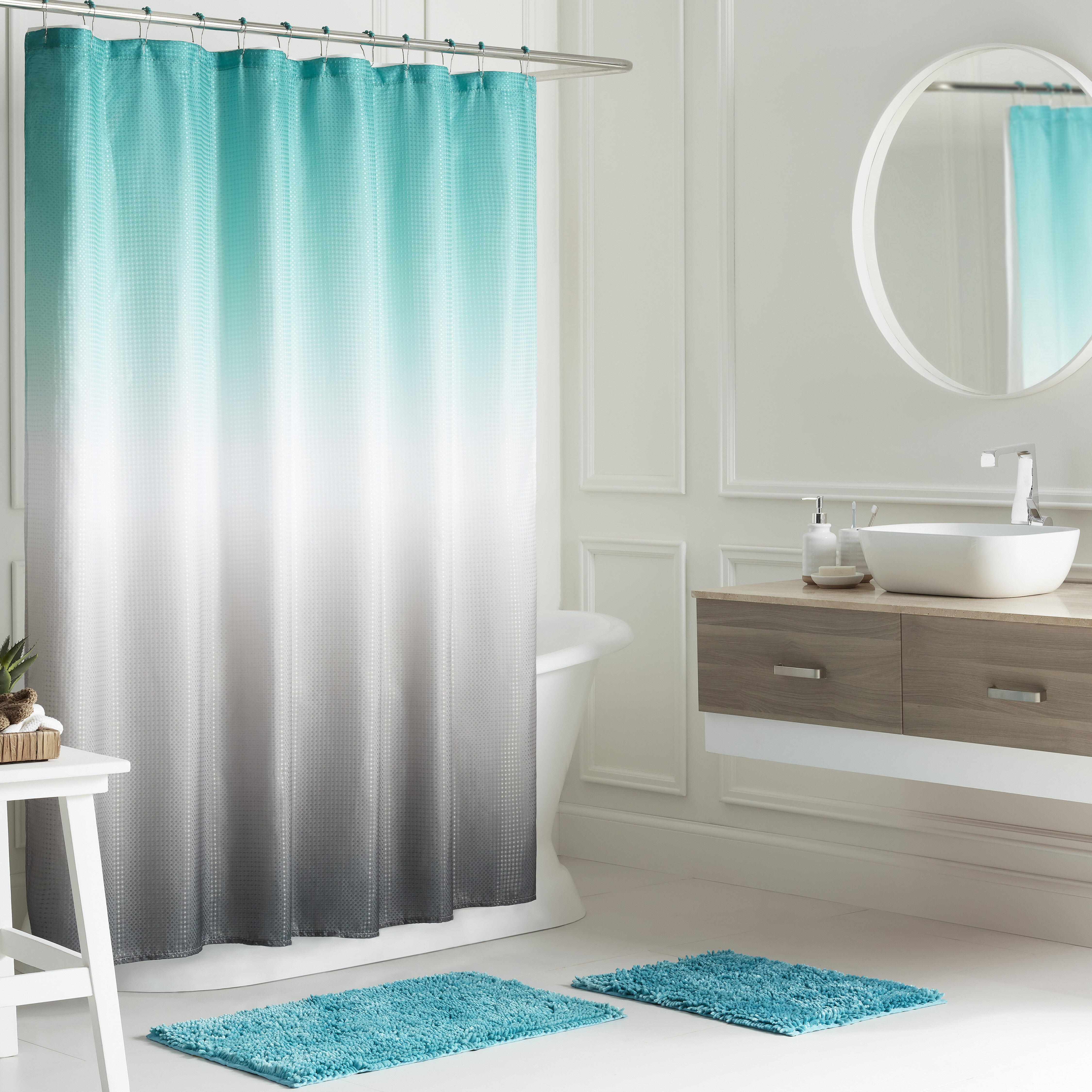 White and Gray Shower Curtain Ombre Color Bathroom Decor with Hooks 71"x71"