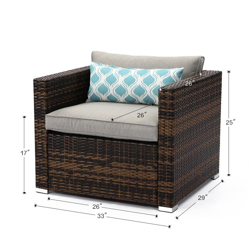 Bay Isle Home Eitzen Outdoor Furniture All Weather Mottlewood Brown Wicker Single Chair W Warm Gray Thick Cushions Teal Pattern Pillow Wayfair
