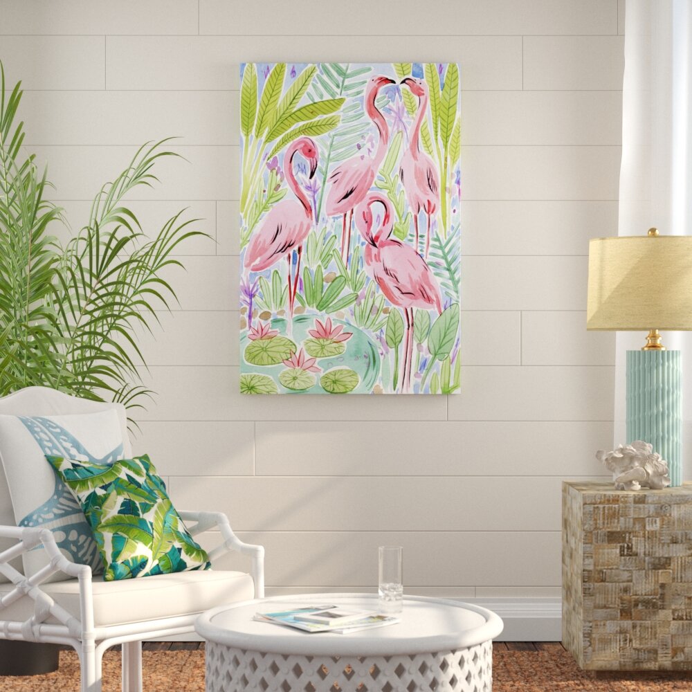 Tropical Pink Flamingo Wall Decorations - 'Wild Swimming I' Painting on Canvas