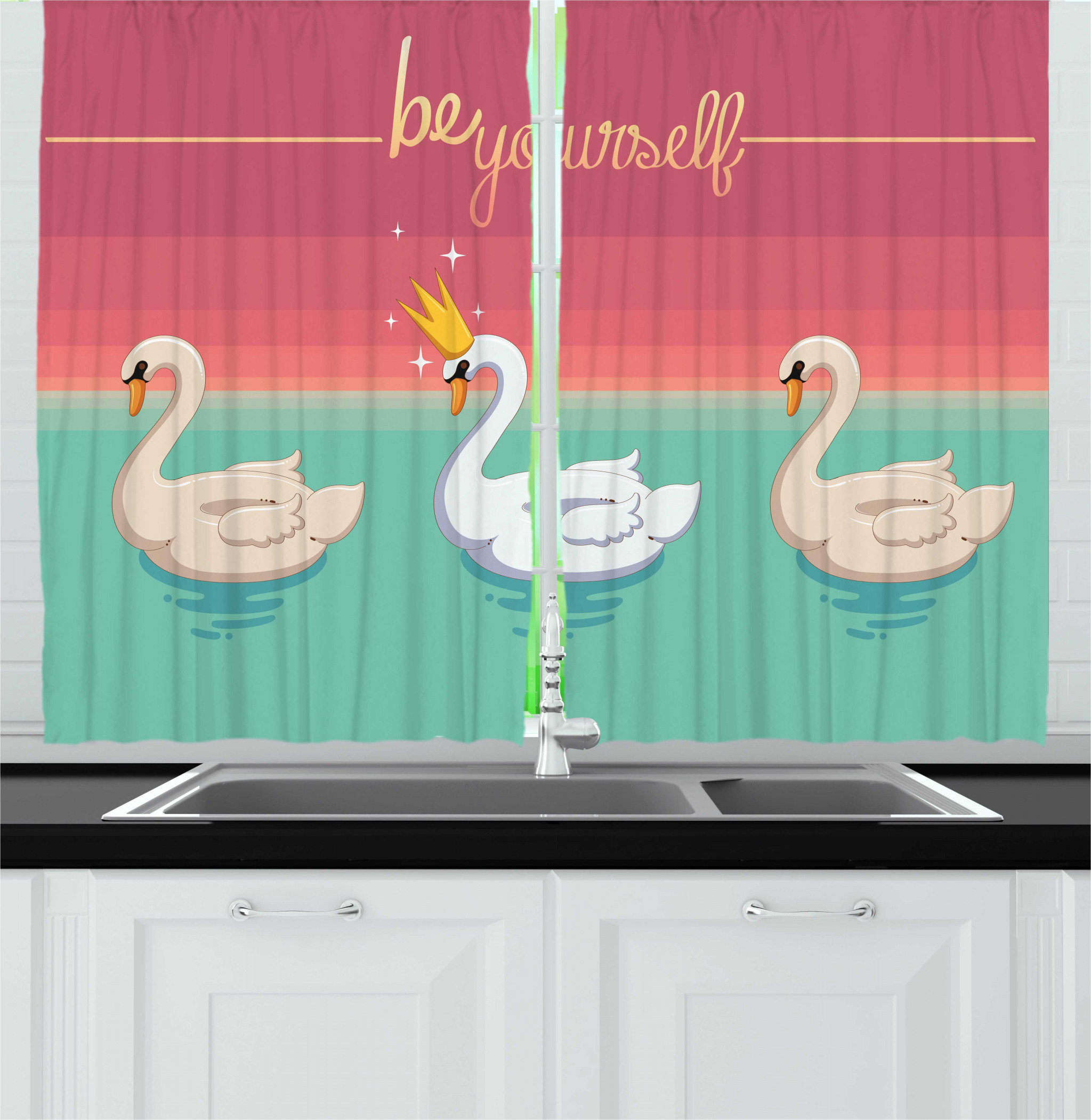 East Urban Home 2 Piece Saying Be Yourself Typography Aquatic Bird With A Crown On Lake Pattern Kitchen Curtain Set Wayfair