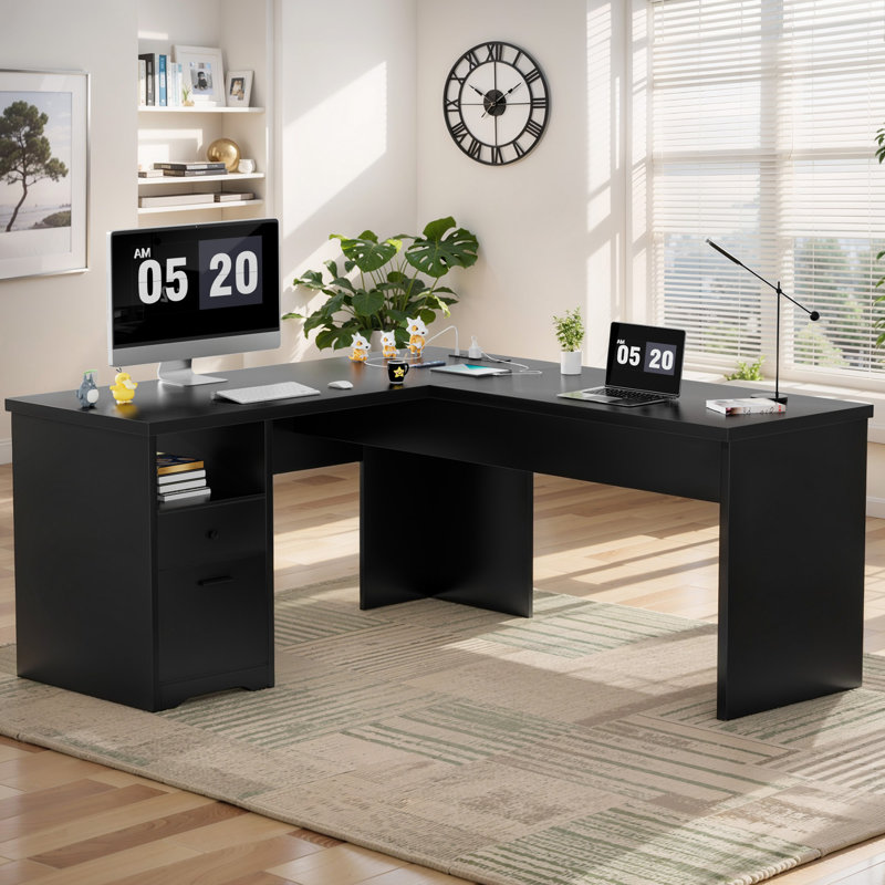 Swapan 56'' Lift Top L-Shaped Desk with Drawers and Power Outlets, Executive Desk Color: Black