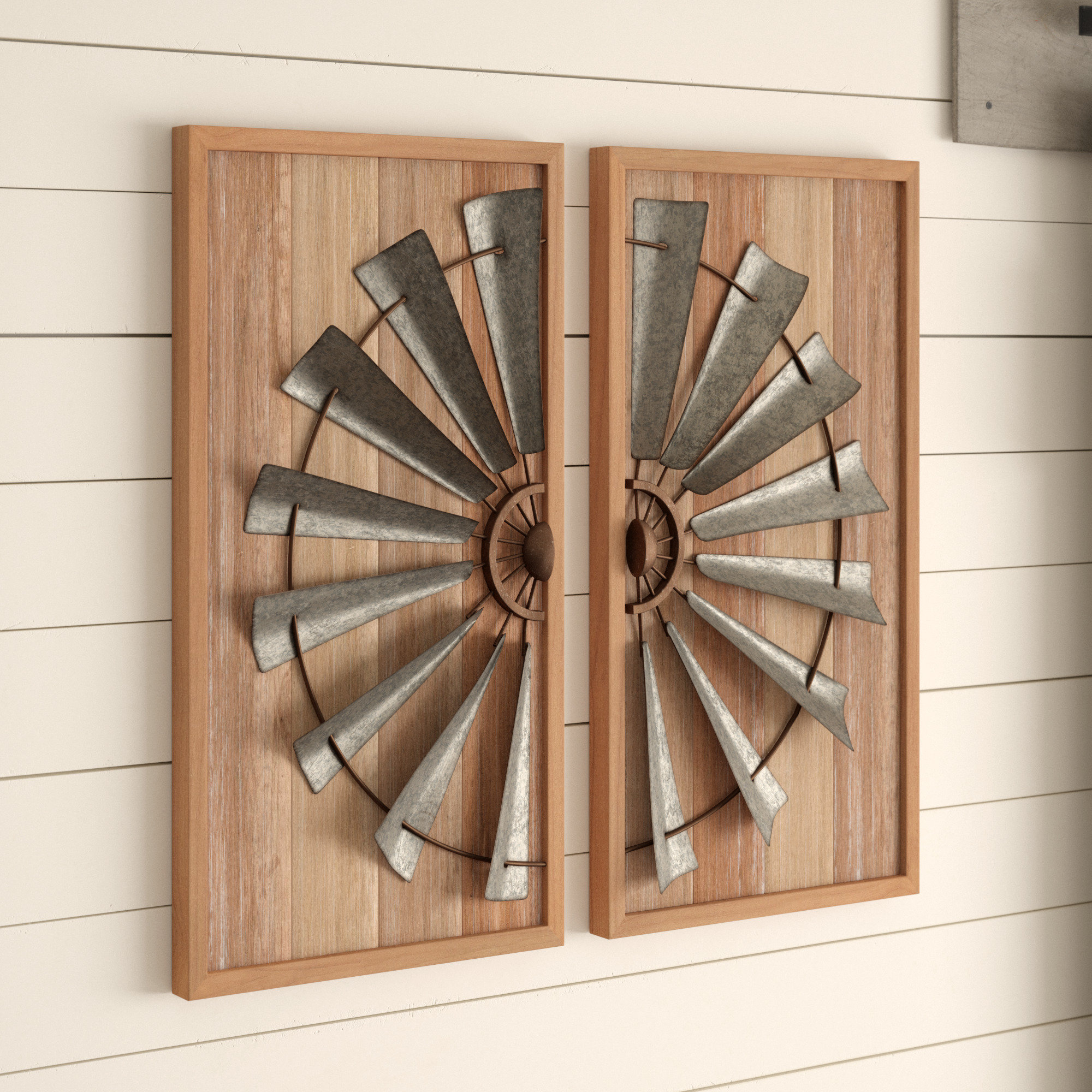 Geometric wood and metal wall decor set.