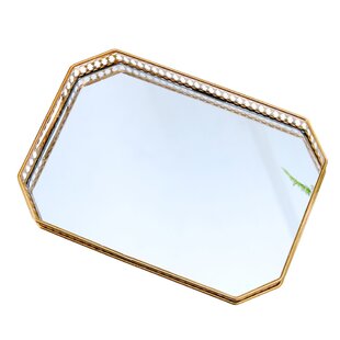 Home Decoration Ornament Rounded Corner White Serving Mirror Ornate Decorative Tray Gold Edge Vanity Tray Makeup and Jewelry Dresser Organizer