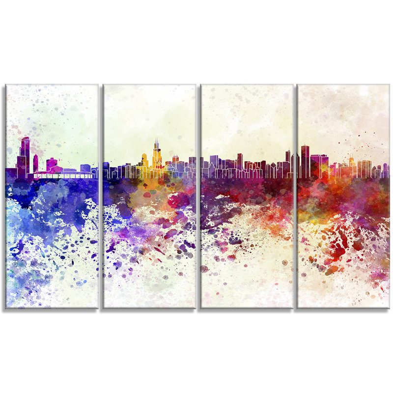 Designart Chicago Skyline Cityscape 4 Piece Painting Print On