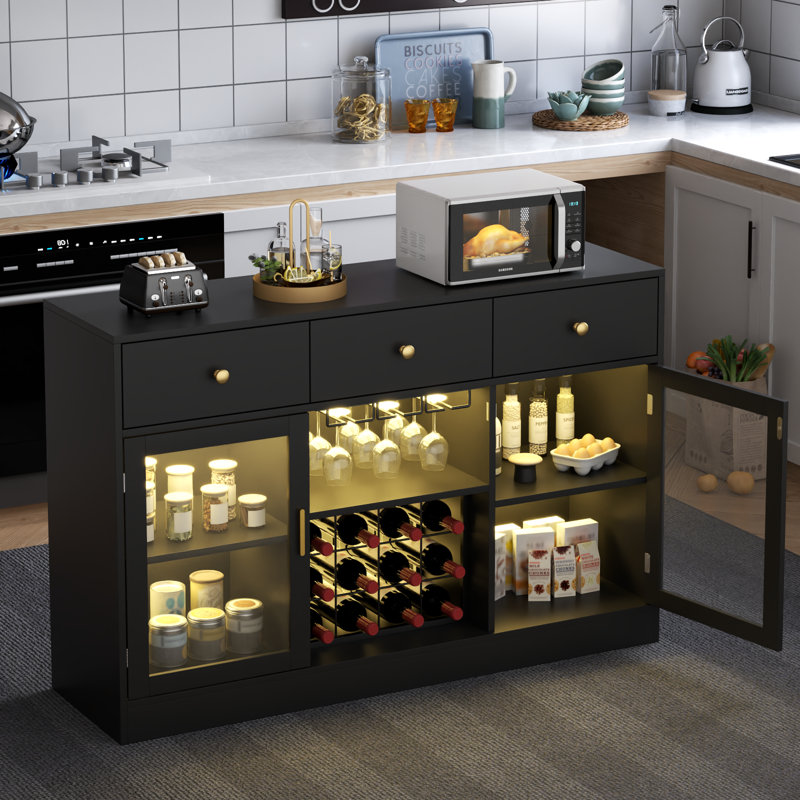 wine bar cabinet with led light, home coffee cabinet with wine and glass rack color: black