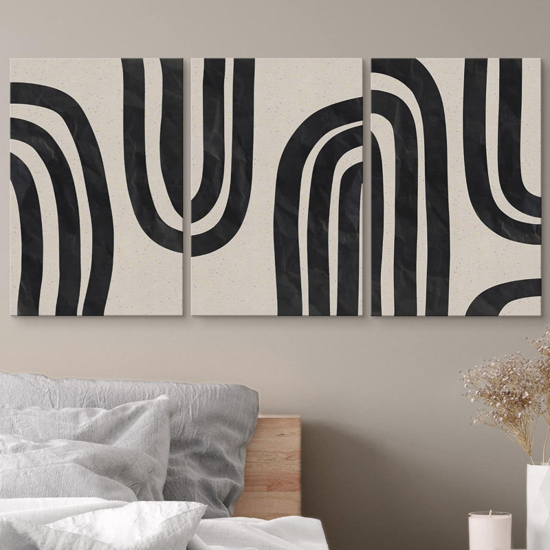 Geometric Line Shape Black And Tan Spiral Polygon Collage Abstract Patterns Modern Art Mid-Century Modern 3 Pieces Format: Wrapped Canvas, Size: 24" H x 48" W x 1.5" D