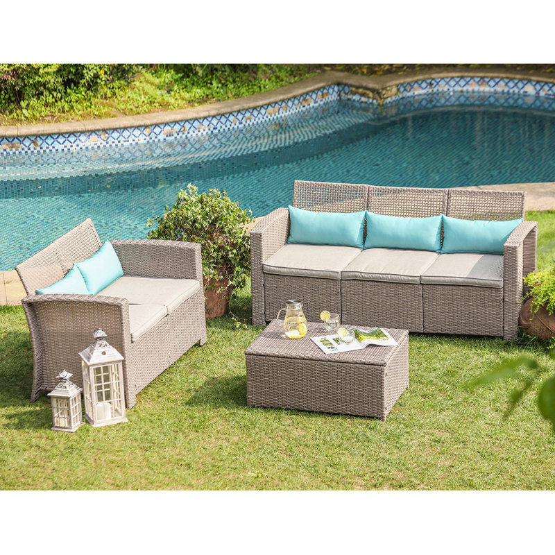Highland Dunes Gosnells 3 Piece Outdoor Furniture Set Taupe Wicker Sectional Sofa W Warm Gray Thick Cushions Storage Chest 5 Turquoise Lumbar Pillows Reviews Wayfair