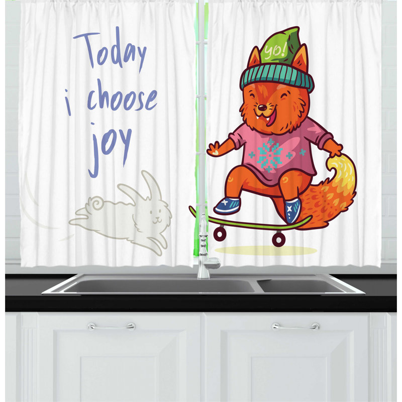 East Urban Home 2 Piece Ambesonne Choose Animalistic Pattern Of A Baby Fox Skateboarding Rabbit Running Joyous Theme Kitchen Curtain Set Wayfair