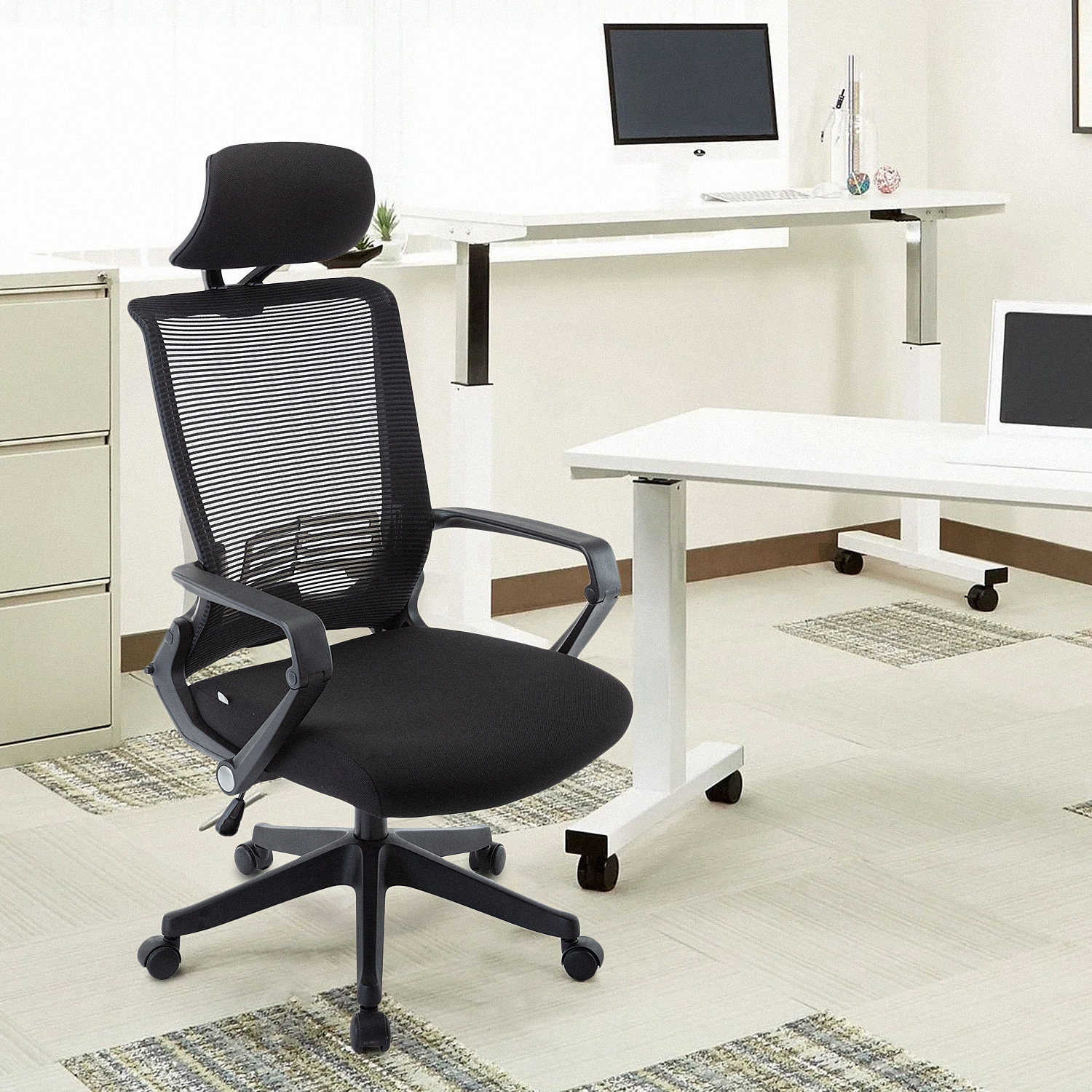 Inbox Zero Mesh Office Chair High Back Chair Adjustable Headrest With Arms Lumbar Support Wayfair