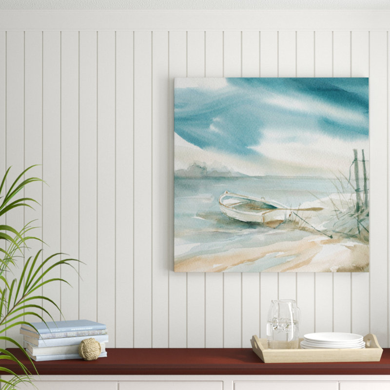 Highland Dunes Ocean Rowboat Watercolor Painting Print On