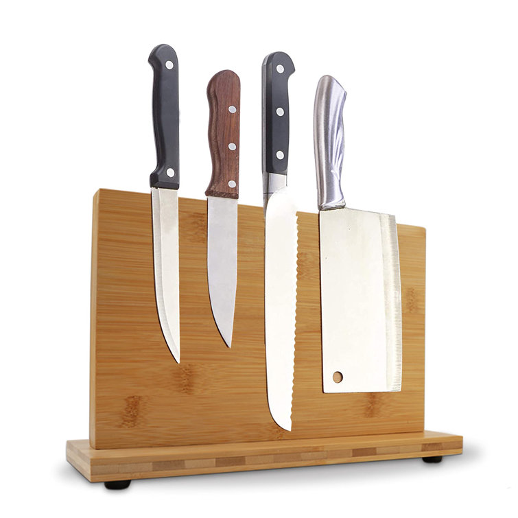 Bamboo Knife Block Magnetic, Universal Knives Holder Bamboo Knife Stand For Kitchen Accessories Organizer Bar And Cutlery Display Rack With Double ...