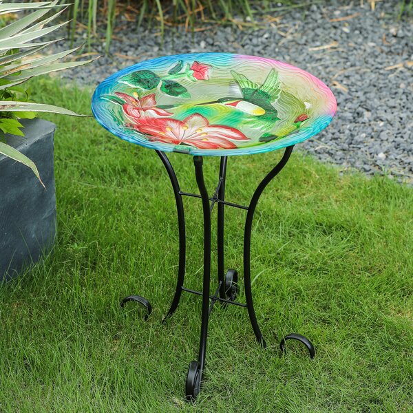 Home Bird Bath Solar Hummingbird Design Glass With Stand Garden New Adorable