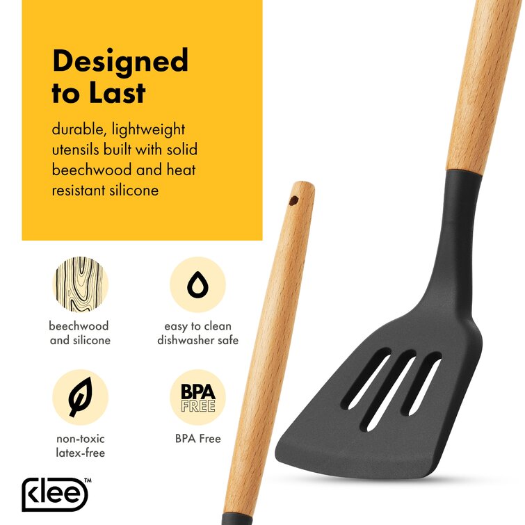 Klee 9-Piece Heat-Resistant Silicone Kitchen Utensil Set Black with Beechwood Handles