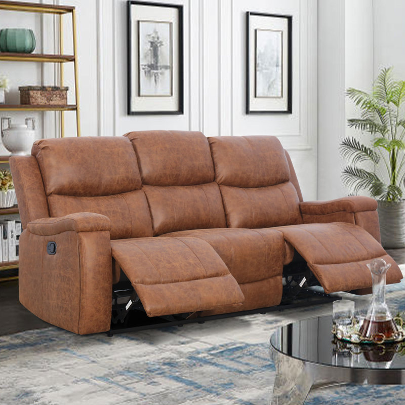 Ilkeston 79" Wide Vegan Leather Manual Reclining Sofa, 3-Seater Recliner Couch with Cup Holders Upholstery Color: Cognac