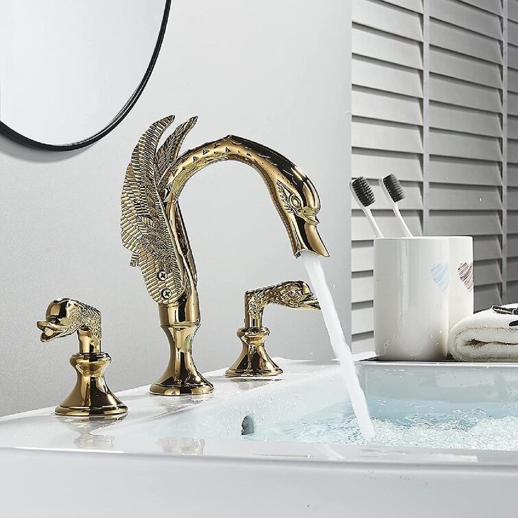 Dual Handles Swan Shape Bathroom Basin Faucet Vanity Countertop Tap W/Drain 