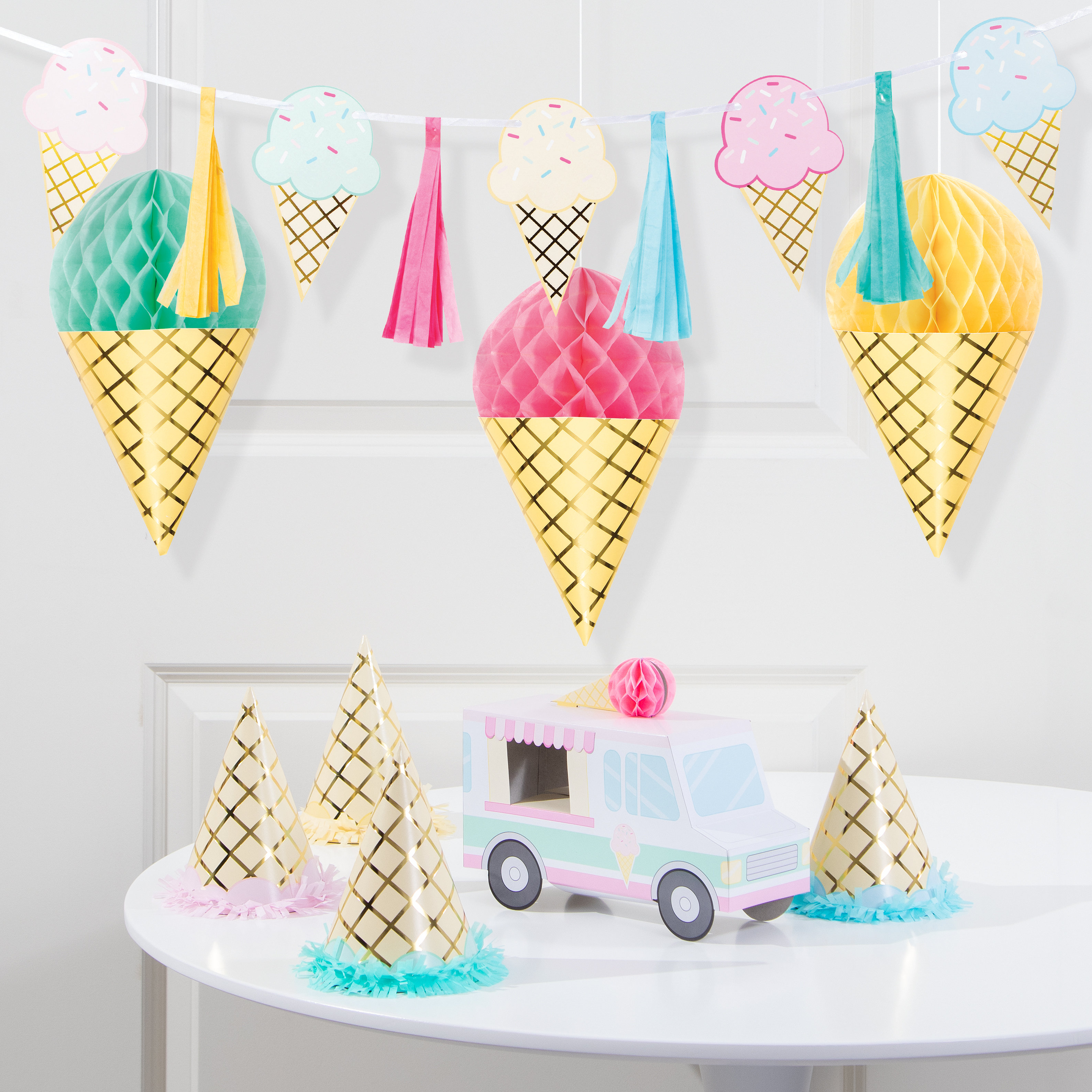 52 Pieces Ice Cream Birthday Decorations Happy Birthday Banner Ice Cream Honeycomb Centerpiece Ice Cream Hanging Swirls Colorful Balloons for Birthday Baby Showr Party Favors Supplies