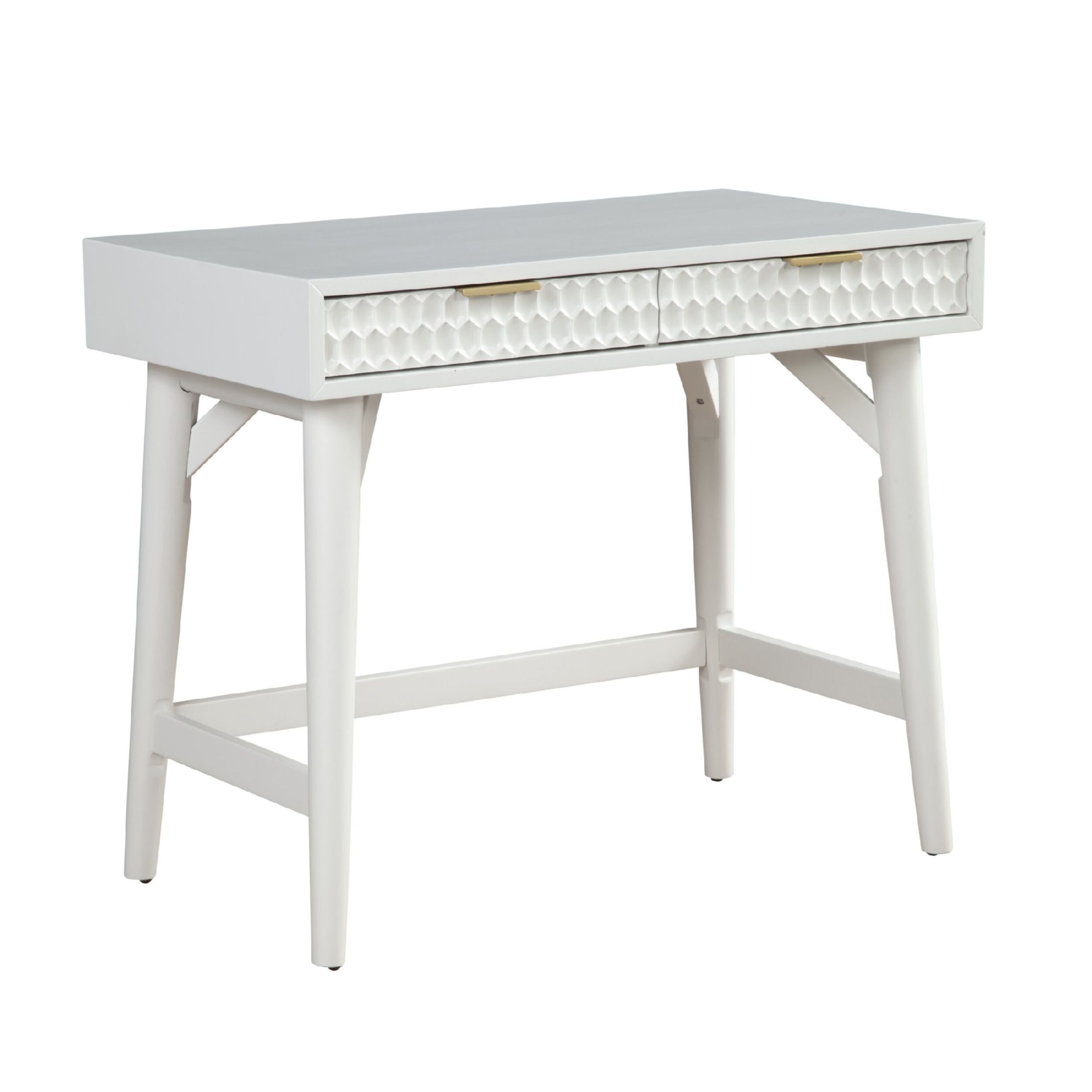 Benjara Wooden Computer Desk with 2 Drawers and Metal Frame White and Silver