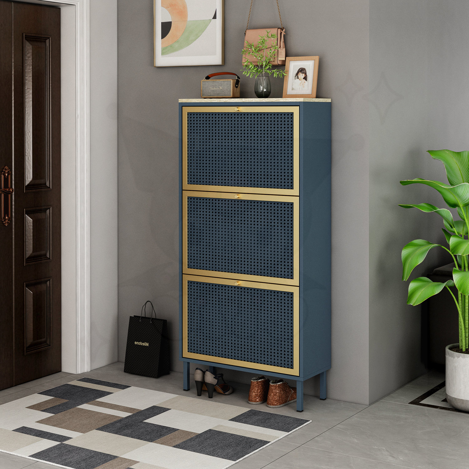 Everly Quinn 18 Pairs Blue/Gold Metal Shoe Storage Cabinet | Wayfair