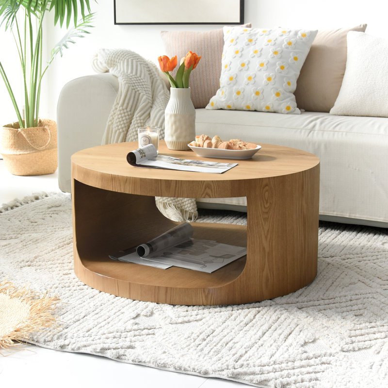 Round Coffee Table with Solid Wood Veneer (Natural Oak) Color: Natural