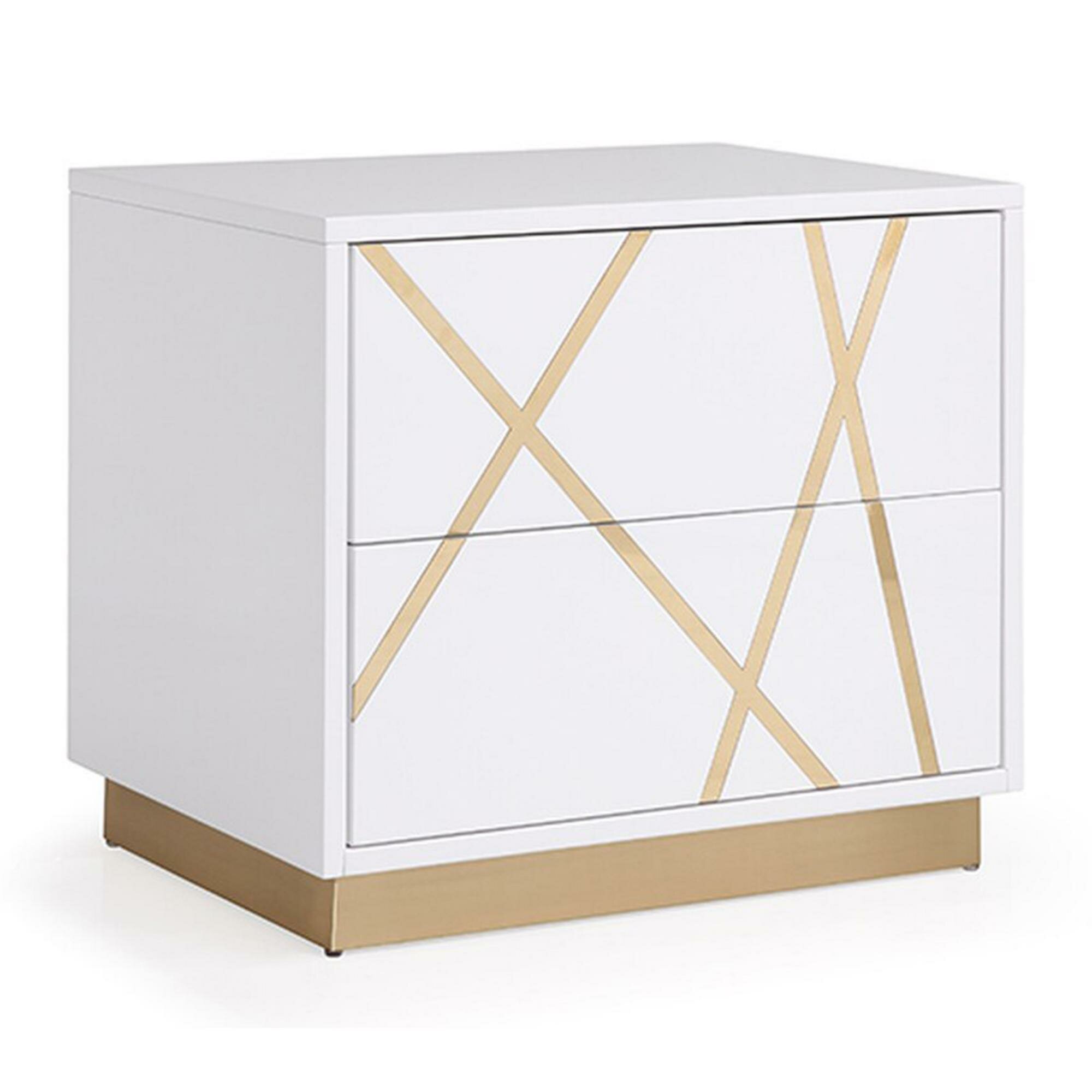 Benjara Wooden Nightstand With 2 Drawers And Gold Painted Accents White And Gold Wayfair